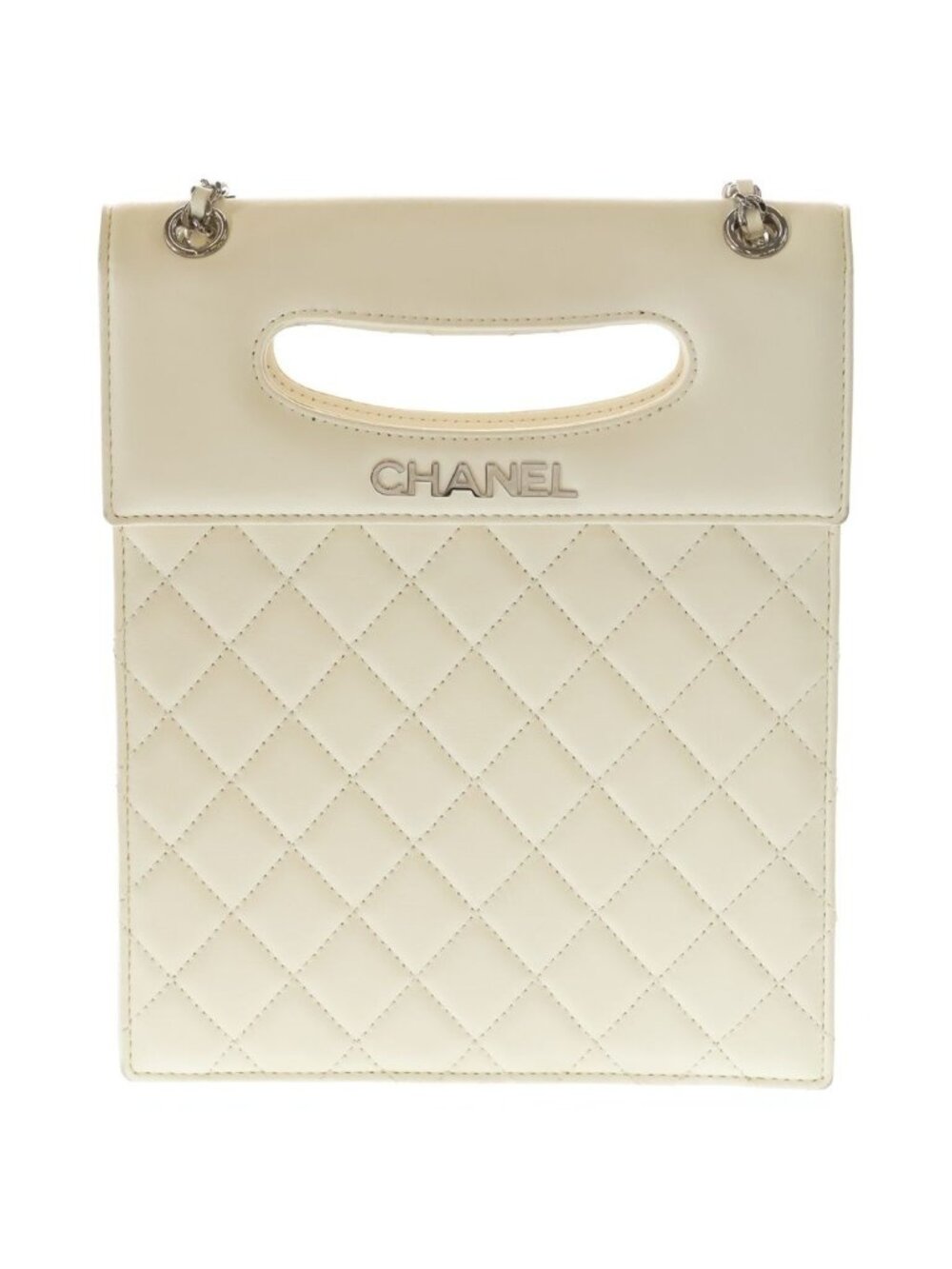 Chanel Logo Chain Shoulder Bag White Lambskin Silver
